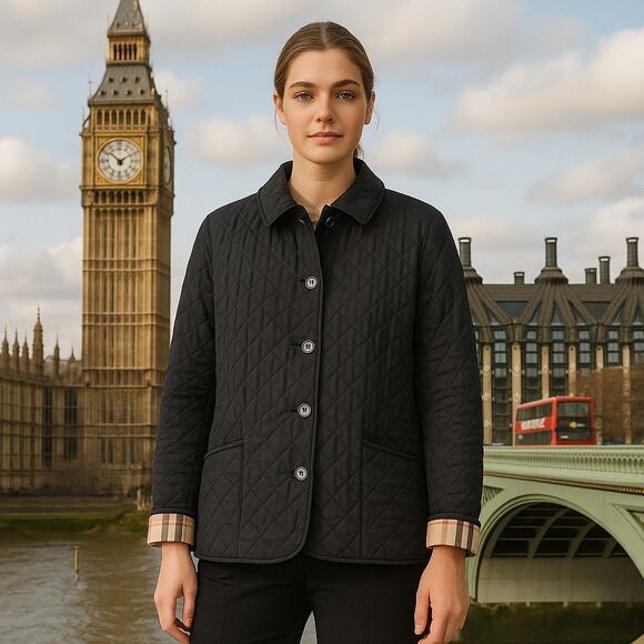 Burberry Brit Black Quilted Trench Coat Button Up Short Jacket Modern British - Picture 1 of 12